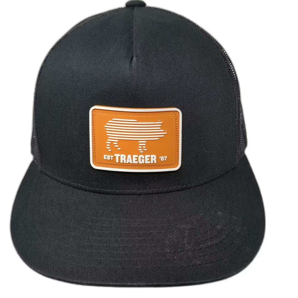 Traeger Black Trucker Hat OS Snapback Pig Patch Yupoong Mesh Logo Adjustable